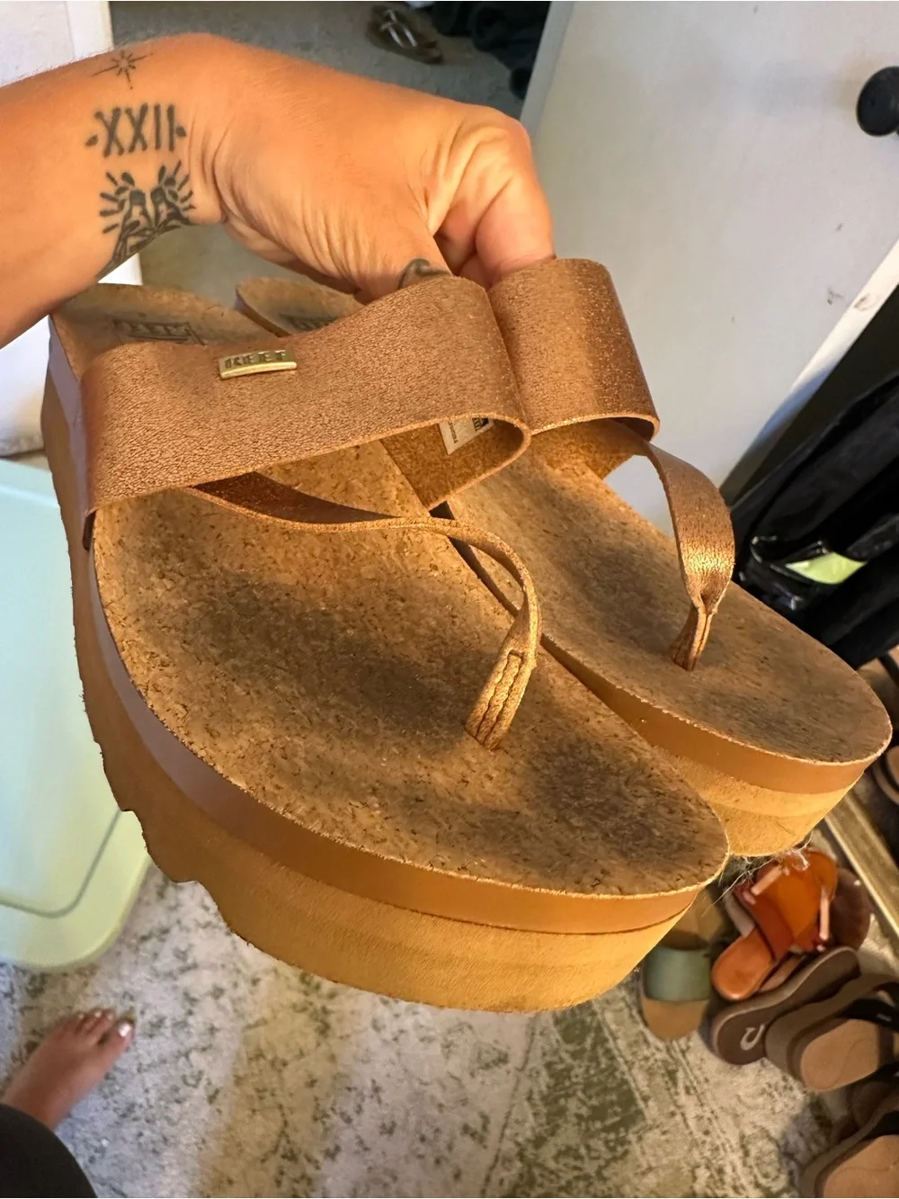REEF Comfort Cork Platform Thong Sandals in Tan